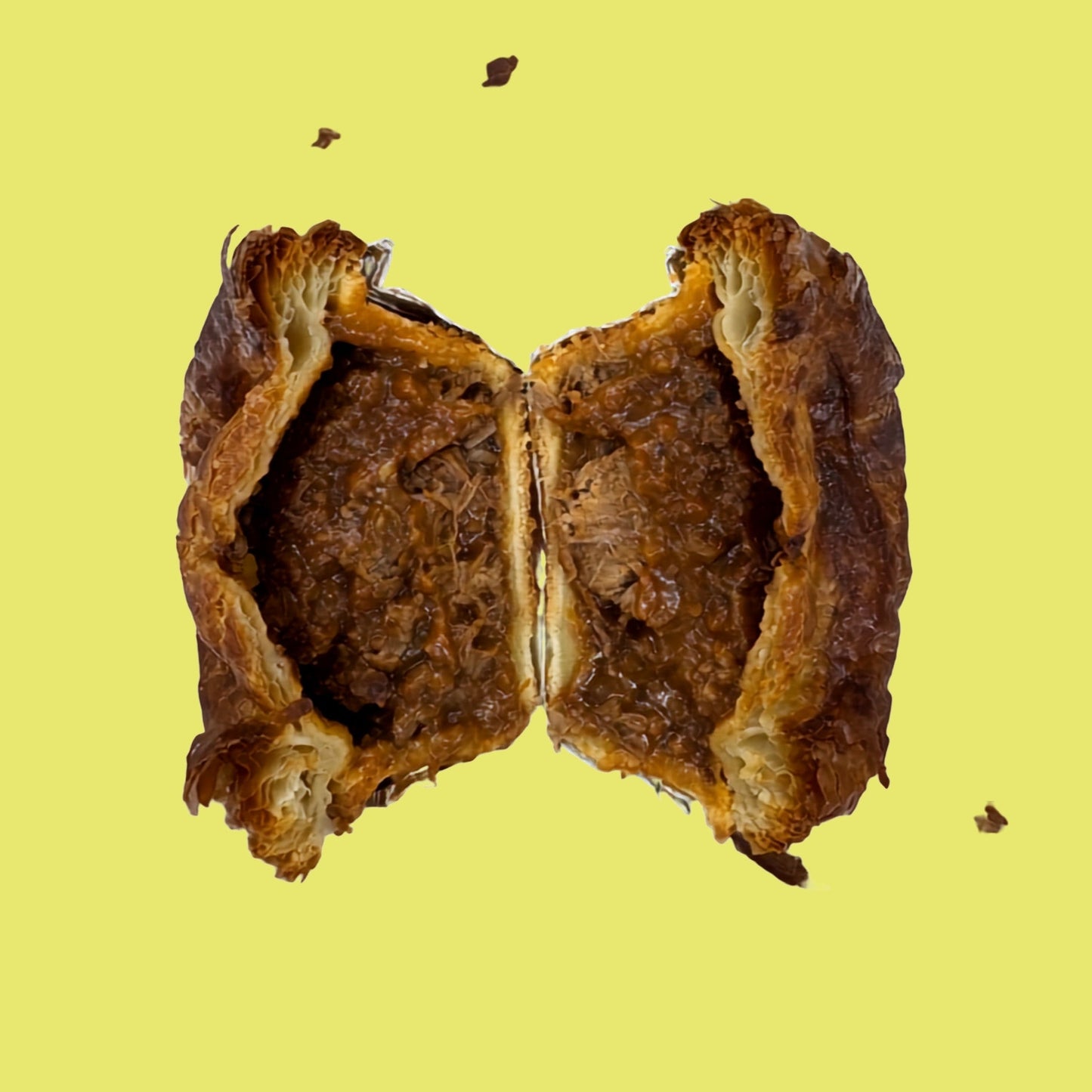 Organic Chunky and Mince Beef Pie with Flaky pastry cut open