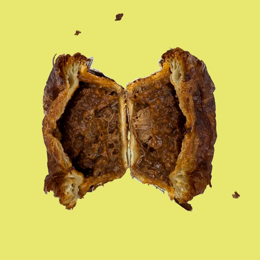 Organic Chunky and Mince Beef Pie with Flaky pastry cut open